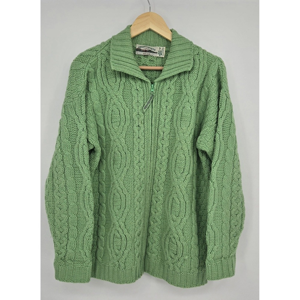 Aran Crafts Green 100% Merino Wool Cableknit Fisherman Full‎ Zip Sweater Mens M